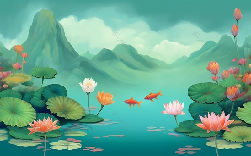 传统水墨风绿色山间荷花池水池塘意境背景素材,插画/手绘图,插画/手绘图库,插画/手绘图下载,插画/手绘